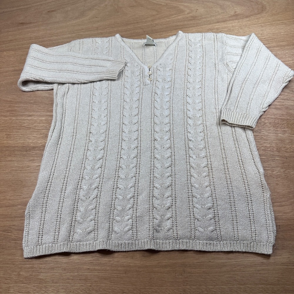 Yarnworks 2X Silk Blend Cable Knit Sweater Beige Plus Size 3/4 Sleeve